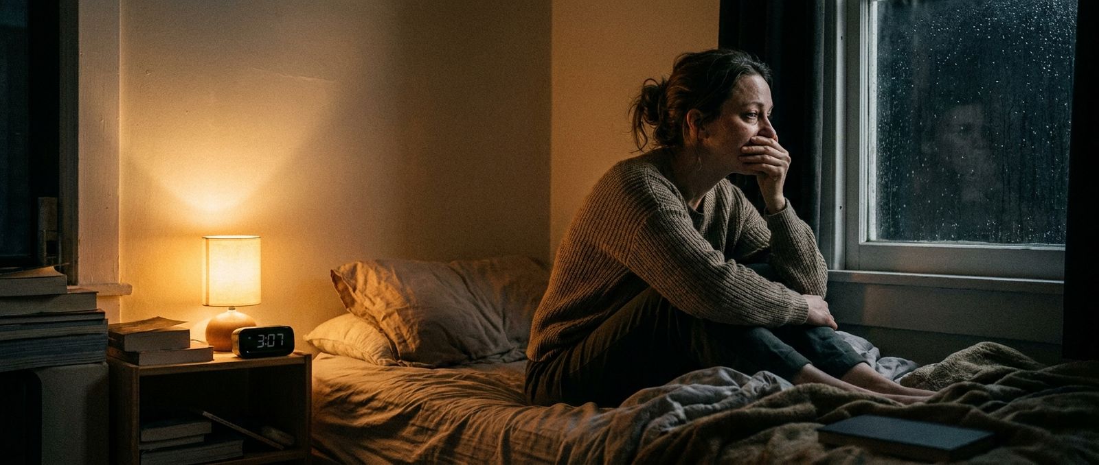 Une femme assise sur son lit, réveillée à 3 h du matin